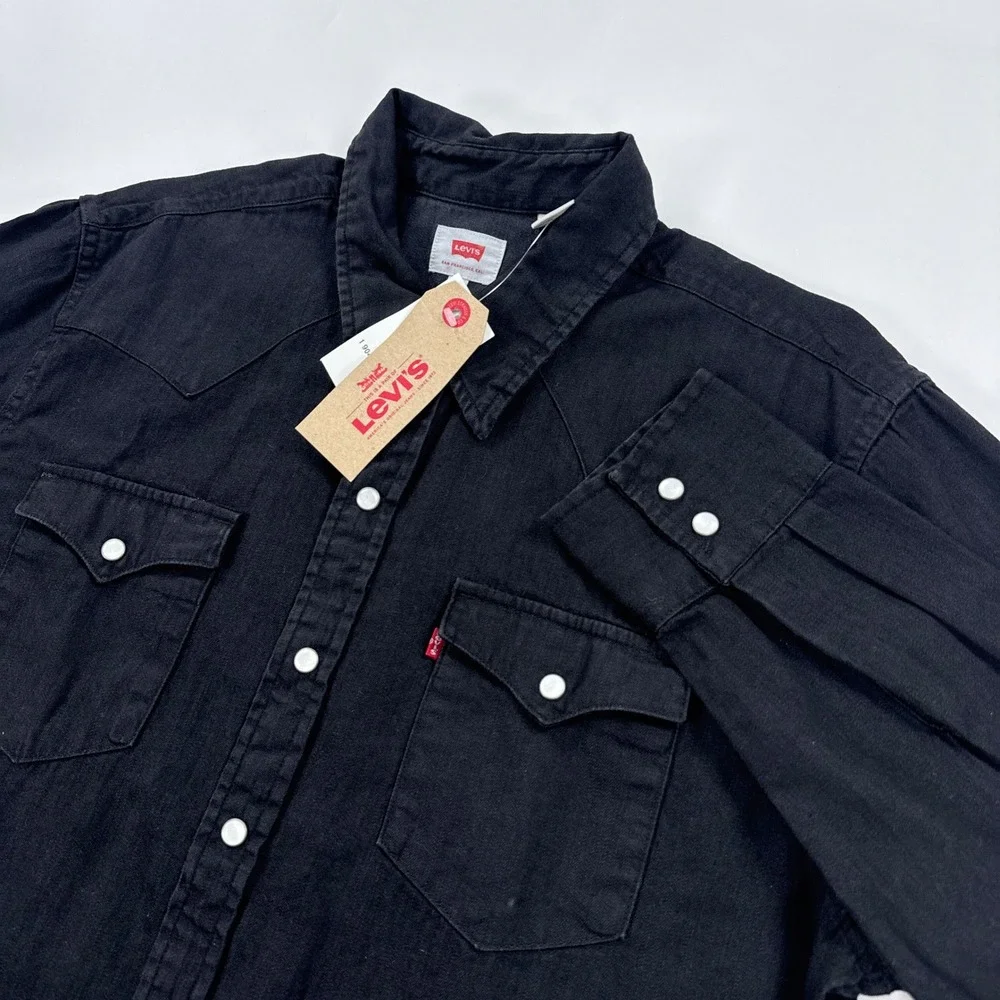Levis Western Shirt Mens Large Black Pearl Snap Denim Barstow Long Sleeve